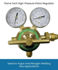 Flame Tech high-pressure piston regulator with forged brass body and dual-scale gauges for nitrogen and argon
