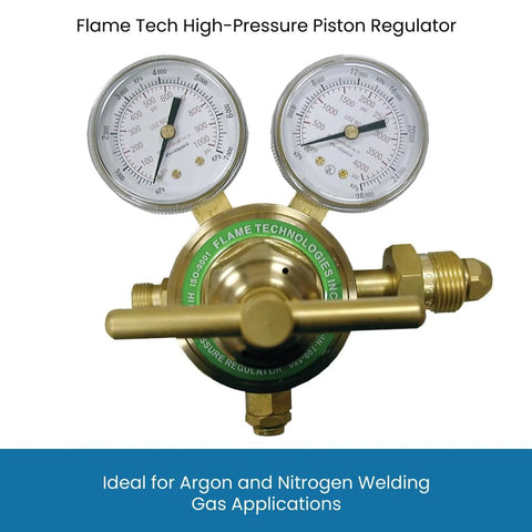 Flame Tech high-pressure piston regulator with forged brass body and dual-scale gauges for nitrogen and argon
