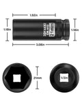21mm Deep 1/2 Inch Drive 6 Point Impact Socket for Axle Nut Removal in CR-MO Steel, metric sizes with measurements
