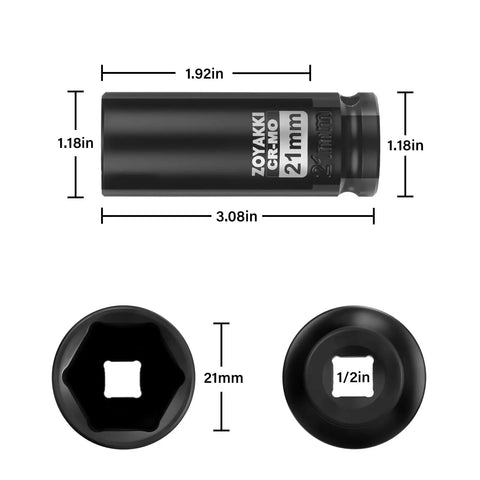 21mm Deep 1/2 Inch Drive 6 Point Impact Socket for Axle Nut Removal in CR-MO Steel, metric sizes with measurements
