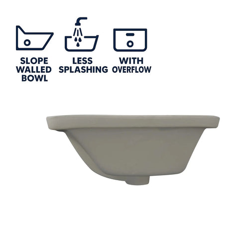 Side view of Undermount Bathroom Sink 19 by 11 inch interior rectangular bowl for vanity with overflow in warm biscuit cream.