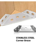 Tough As Nails 10 Pack Heavy Duty Stainless Steel Corner Braces For Wood Shelves Furniture DIY Projects Rock Solid Anti Wobble Stabilizer Clamps showing an L bracket in use.