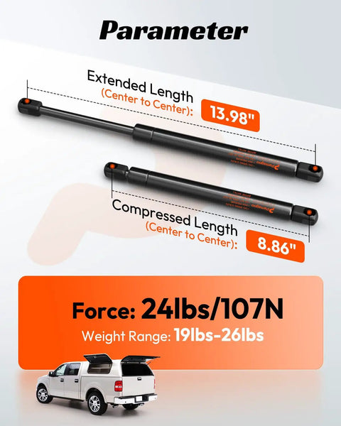 14 Inch 24 Pound Gas Struts Two Pack Smooth As Butter Lift Support for Truck Camper Shell Tool Box specifications.