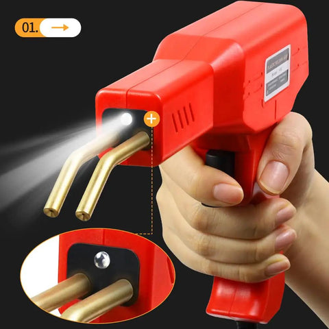Close-up of red Dope Plastic Welding Kit for car bumpers with six types and 1050 staples, highlighting ergonomic handle and nozzle.