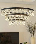 120W LED Crystal Pendant Light Postmodern Chandelier with aluminum and crystal in three tiers over a living room setting.
