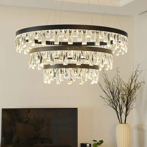 Modern Crystal Chandelier Featuring Slick Aluminum Build and Dazzling LED Glow that Keeps your Living Room On Point with a Vibe that is Absolutely Lit for Bedrooms and Restaurants Too - three-tier design with k9 crystals, aluminum frame.