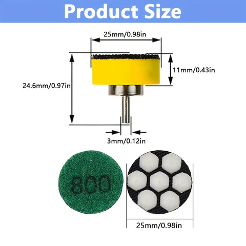 1 Inch Mini Diamond Polishing Pad Set, 9 Piece Wet Dry Polishing Kit With 30 To 3000 Grit, includes size dimensions and shank holder.