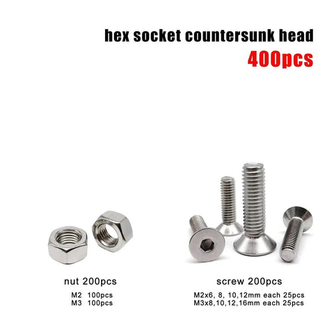 M2 M3 Hex Socket Head Cap Screws And Nuts Set, 10 Sizes, Stainless Steel 304 A2 Dope Hardware Kit in a white background, total 400 pcs