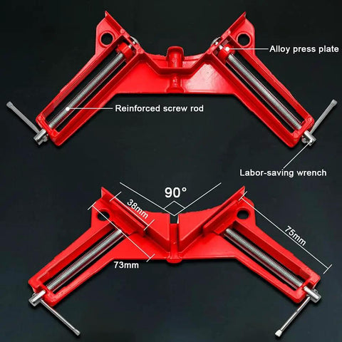 Pro Grade 90 Degree Corner Clamps for Woodworking Right Angle Clamp set showing measurements and parts labeled for clarity