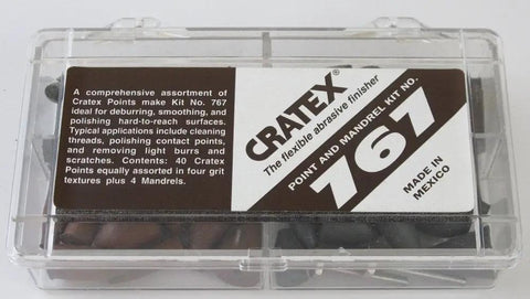 Rubberized Abrasive Point And Mandrel Set Kit No 767 in transparent box showing contents and Cratex label for specific use