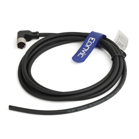 Right Angle M12 4 Pin Female A-Code Sensor Plug Cable, Industrial Grade 22 AWG PVC Jacket, coiled with connector detail