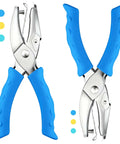 Adjustable Handheld Circle Hole Punch for Crafts and Scrapbooks with Blue Soft Grip, 1/4 inch and 1/8 inch heads, durable metal construction.