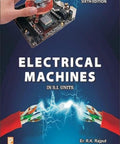 Book cover: Electrical Machines in SI Units, Sixth Edition, by Er. R.K. Rajput; blue background, hand holding circuit-board.