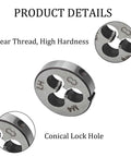 Close-up of Left Hand Metric M4 X 0.7 Tap And Die Set HSS High Speed Steel Threading Kit showing tap with clear thread and conical lock hole