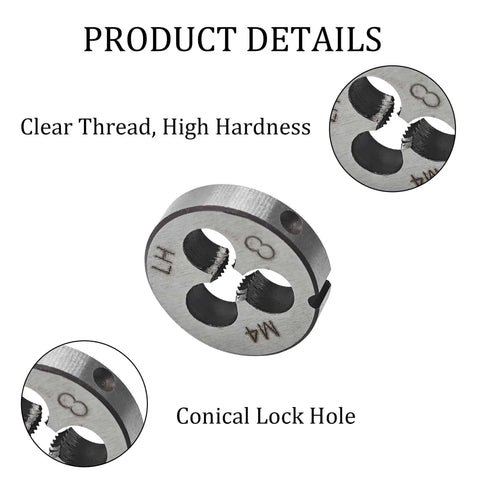 Close-up of Left Hand Metric M4 X 0.7 Tap And Die Set HSS High Speed Steel Threading Kit showing tap with clear thread and conical lock hole