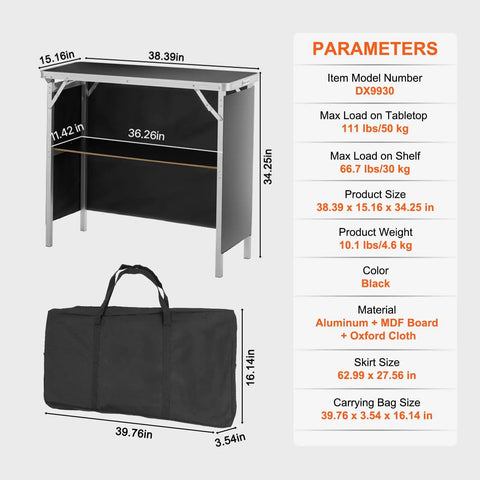 Diagram of Foldable Portable Bar Table For Indoor And Outdoor Events With Carrying Case Storage Shelf And Black Skirt Tradeshow Podium 38.39 Inch By 15.16 Inch By 34.25 Inch Aluminum And MDF Build Party Ready Setup Holds Up To 111 Lbs, alongside parameters and carrying bag.