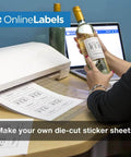 Sticker paper sheets, white matte 8.5x11, 10 sheets, full-sheet labels; front view with OnlineLabels logo.