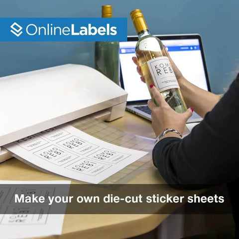 Sticker paper sheets, white matte 8.5x11, 10 sheets, full-sheet labels; front view with OnlineLabels logo.