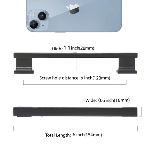 10 Pack 5 Inch Hole Centers Matte Black Cabinet Handles And Drawer Pulls, 6 Inch Overall Length, 0.5 Inch Width, 1.1 Inch Projection dimensions diagram
