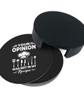 Six Piece Leather Coaster Set With Holder For Drinks Bar Home Office Surface Protection Premium PU Microfiber Leather Drink Coasters With Tray Perfect Decoration And Family Table Guard featuring a humorous design.