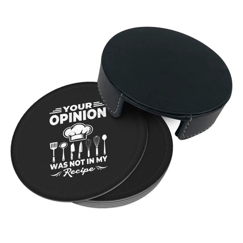 Six Piece Leather Coaster Set With Holder For Drinks Bar Home Office Surface Protection Premium PU Microfiber Leather Drink Coasters With Tray Perfect Decoration And Family Table Guard featuring a humorous design.