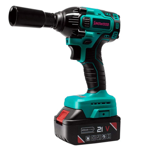 20V Cordless Impact Wrench One Half Inch Drive With Brushless Motor, 320 Ft Lbs Torque, dual battery pack visible close-up view