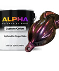 Garage Ready Superflake Automotive Basecoat Midcoat Gallon Straight From Can Drop Ready Spray Blend With Fast Set Medium Reducer For Hot Rod Custom Auto Paint And Smooth Finish in a gallon can next to a reflective color sample.