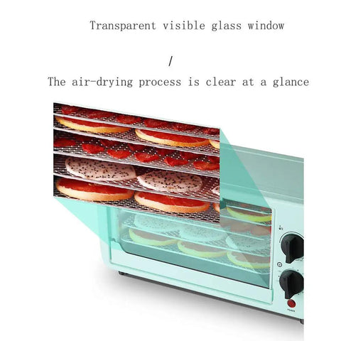 Top Shelf Five Layer Food Dehydrator And Compact Air Dryer For Fresh Fruits Lean Meats And Custom Pet Treats with transparent glass window.