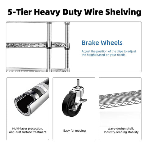 Five Tier Wire Shelving Unit With Wheels Beefy Heavy Duty Metal Storage Rack with brake wheels and anti-rust steel pipes