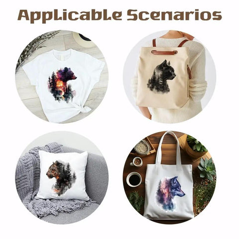 Forest Animal Iron On Transfer 4 Pack For Clothing And DIY Projects Bear Cat Leopard Wolf Heat Transfer Stickers on various items