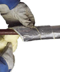 Hands wrapping fiberglass pipe insulation kit for all pipe sizes with 25 ft vapor barrier and 1.6 R value to prevent water pipe freezing.