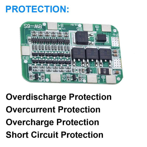 Kickass 6S BMS Board With Heavy Duty Nickel Strips For Smooth 15A 24V Lithium Ion Charging displaying protection features and components.