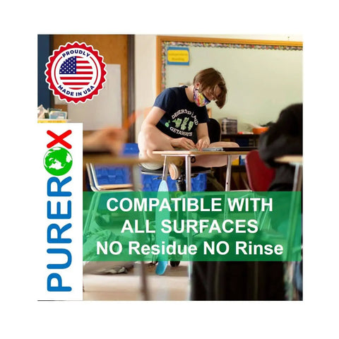 One Gallon Hypochlorous Disinfectant That Kicks 99.9999 Percent Of Viruses In Sixty Seconds No Residue No Rinse Safe On All Surfaces EPA List N Hospital Grade Odor And Allergen Elimination Great For Home Office And Healthcare - image shows a classroom setting with student wearing mask, highlighting product's compatibility with all surfaces.