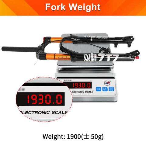 Lightweight 120mm Travel Air Suspension Fork for XC and AM Mountain Bikes on scale showing weight of 1930 grams