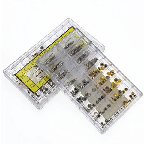 Pro Grade 170Pcs Watch Crown And Spring Bar Replacement Kit With Assorted Stems Tubes And Pins In Plastic Case, open view