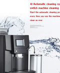 Fully Automatic Espresso Coffee Machine With Built In Grinder And Frother Drip Brewer For Lattes And Cappuccinos Adjustable Settings Auto Clean Black showing automatic cleaning system and bean container.