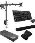 Heavy Lifter Usb C And Usb A Docking Station With 90W Power Delivery And 4K Hdmi Displayport Paired With Sturdy Dual Monitor Stand, keyboard and mouse.