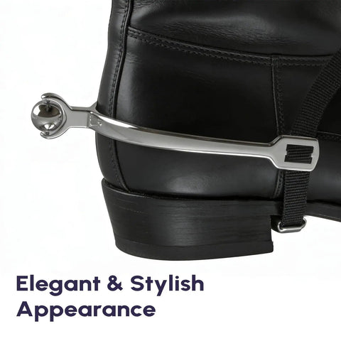 Stainless Steel Horse Spurs 1 Pair With Smooth Roller Ball For Adult Riding Training, English Equestrian Gear on black boot