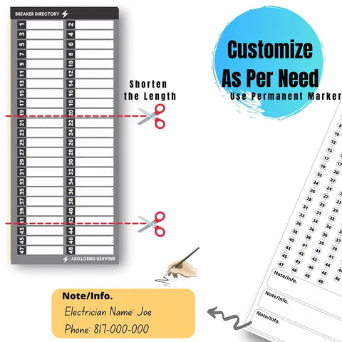 Durable Non Tearable Vinyl Circuit Breaker Labels with customization options for up to 48 entries shown with scissors and pen.