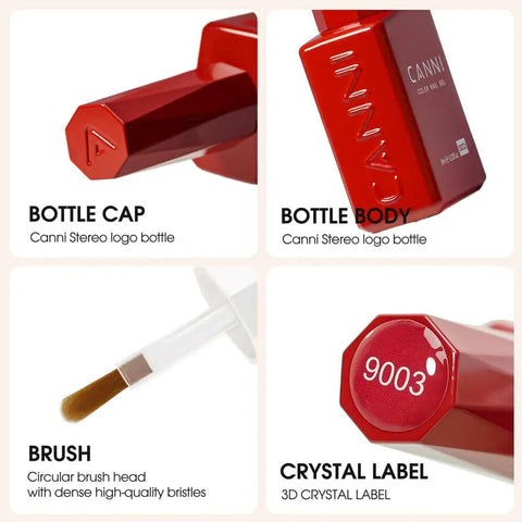Close-up view of red gel nail polish bottle cap, body, brush, and crystal label from Black And White Gel Nail Polish Kit Hema Free.