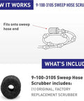 Diagram showing 9-100-3105 sweep hose scrubber installation and package content with text details