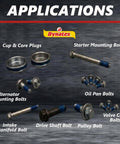 Applications of Blue Gel Thread Locker Medium Strength For Metal Fasteners Removable With Hand Tools shown on various bolts