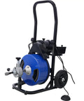 Heavy Duty Electric Drain Auger With 60 Foot Cable And Half Inch Pipe Snake Boasts Four Quick Swap Blades and Foot Switch, blue unit on wheels.