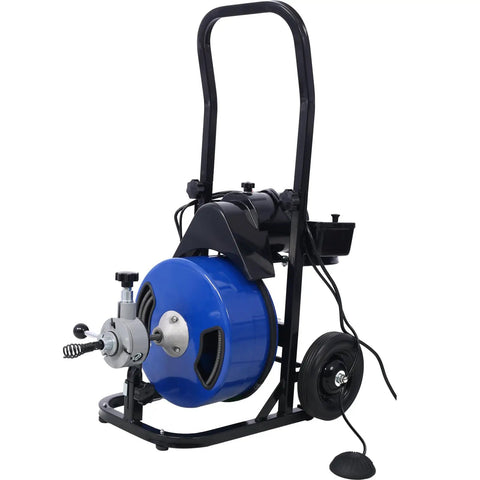 Badass Commercial Drain Auger And Sewer Snake With 60 Foot Cable, featuring a blue cable drum and foot switch control for easy use.