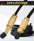 Two Pack Schrader Valve Adapter With Push To Connect Button For One Quarter Inch OD Air Hose Fittings For Semi Trucks And Trailers DOT Certified High Pressure Inflation Valve Up To Two Hundred PSI displayed with coiled black air hose.