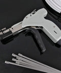 Stainless Steel Cable Tie Gun With Automatic Cutter And Adjustable Tension for wiring and industrial projects on black surface.