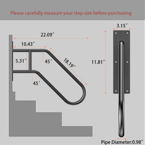 Top Tier U Shaped Handrail For Outdoor Steps And Indoor Stairs Wall Mounted Galvanized Steel Porch Deck Grab Bar dimensions diagram