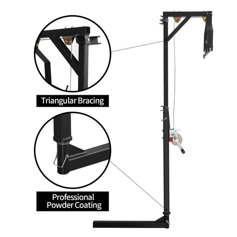 Hitch Mounted Deer Hoist With Gambrel Winch, 500 Lb Capacity, Adjustable Height And 360 Degree Swivel, Beefy Truck Bed Game Hoist For Hunting And Hanging Gear with triangular bracing and powder coating