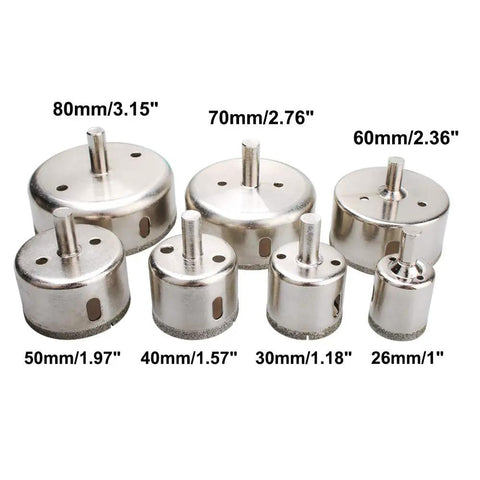 Diamond Hole Saw Set With 7 Pcs Drill Bits And Guide Jig, 26mm To 80mm Coated Core Bits displayed on white background