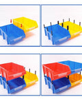 Image of Top Tier Heavy Duty Parts Rack With Garage Storage Bins showing blue and yellow bins, stackable system for organizing tools.